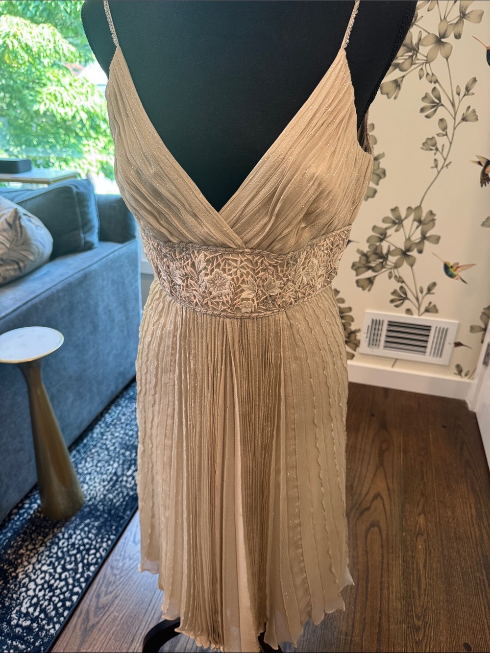 Champagne Pleated V-Neck Spaghetti Strap Dress